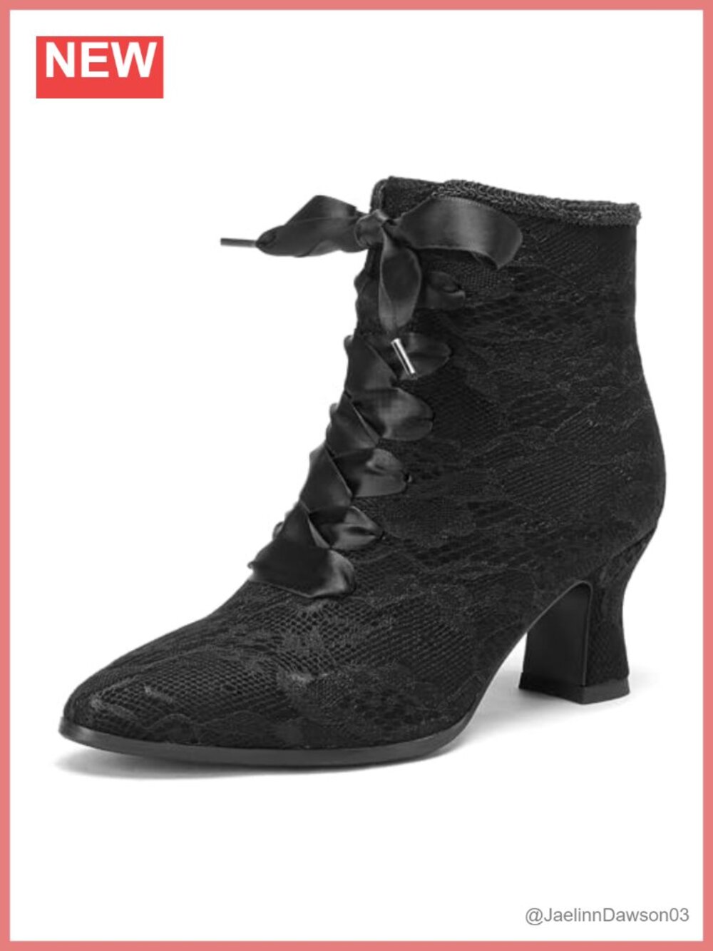 Victorian Lace Up Ankle Boots Ribbon Pointed Toe Kitten Heel Vintage Booties
